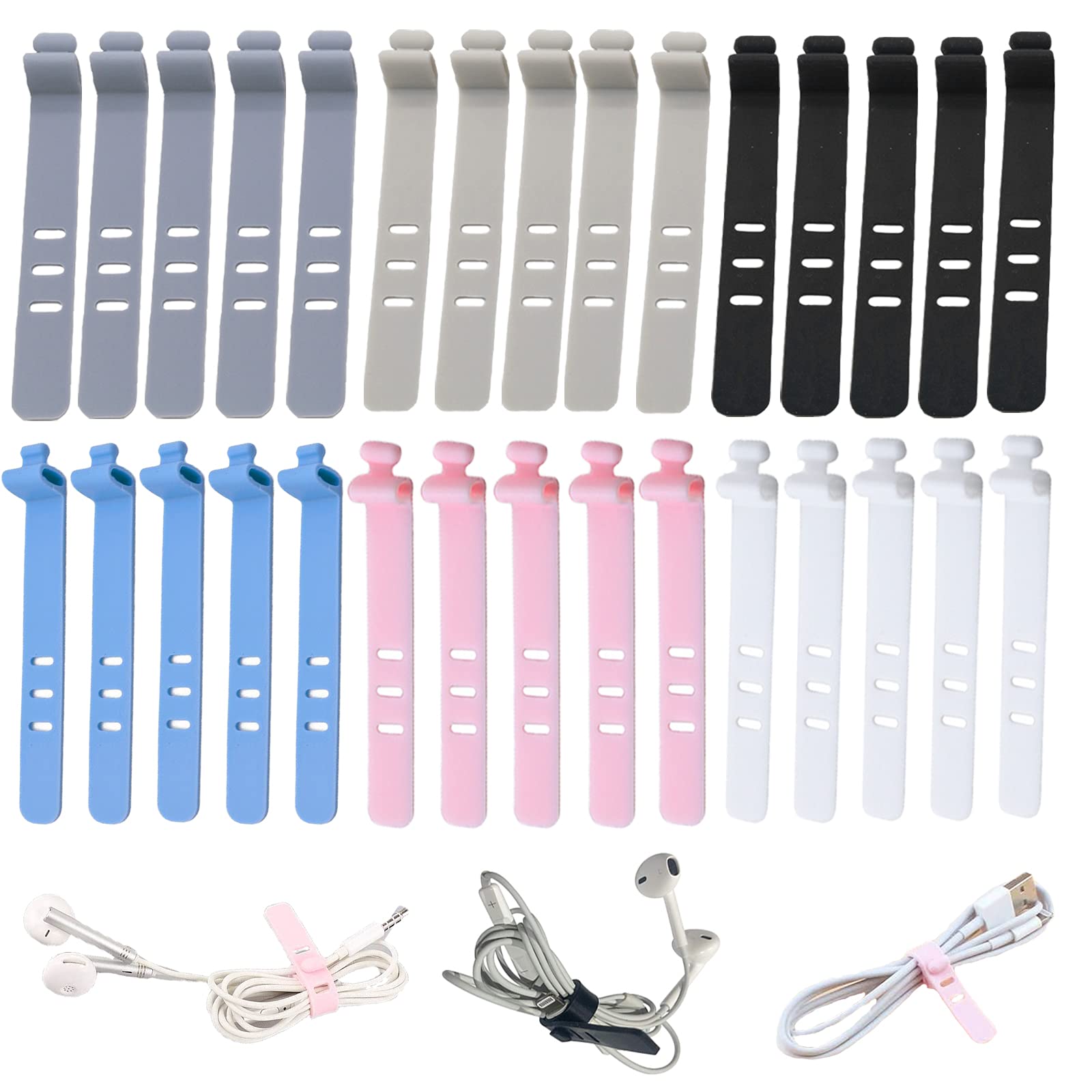 duoyif Silicone Cable Ties 30 Pack White Grey Blue Black Pink Grey Blue Releasable 2.9" 0.4" Silicone Cable Ties Wire Management Desk Sorting