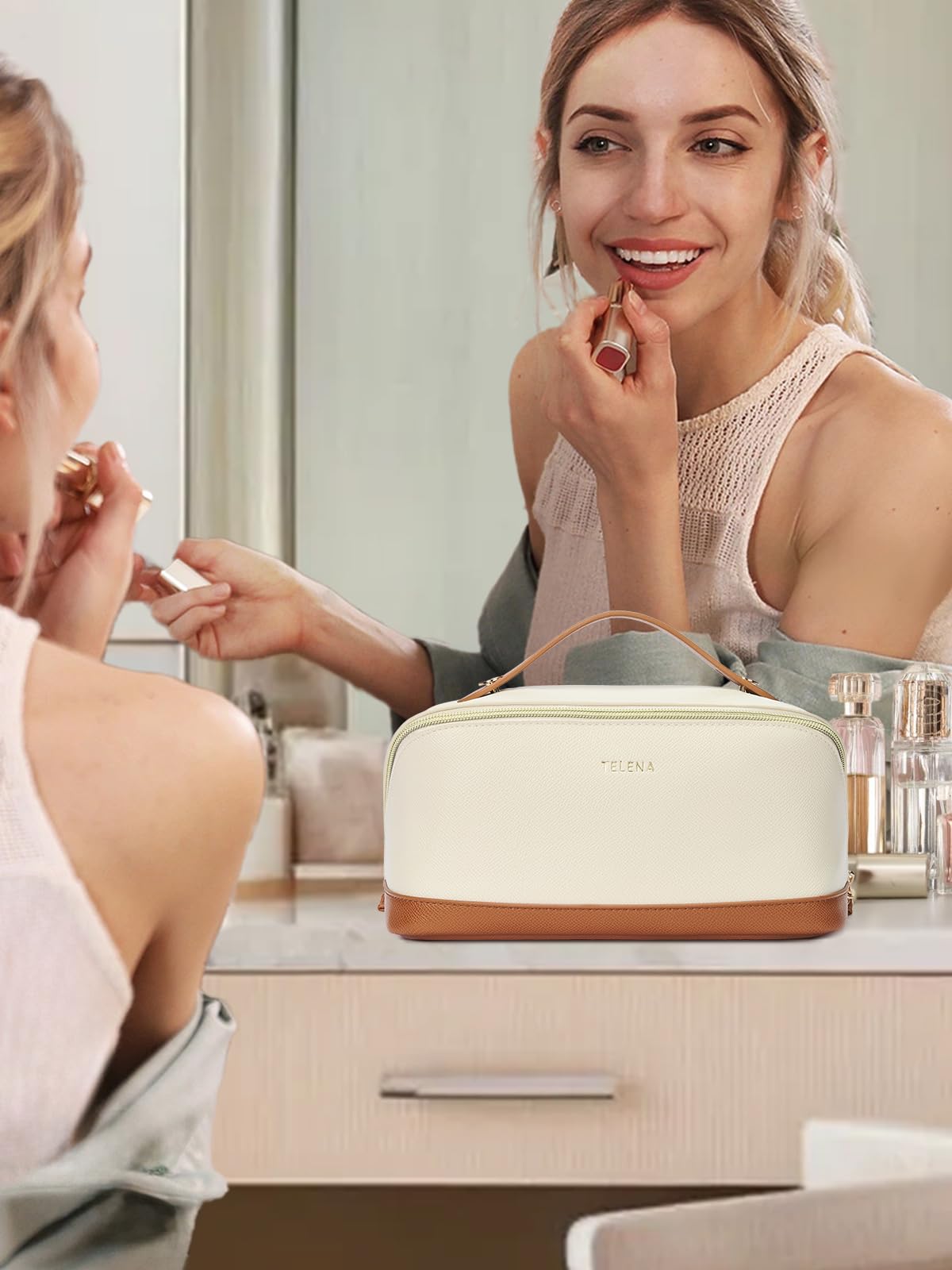 Telena Leather make up bag Large Capacity travel makeup bag cosmetic bag with Handle and Divider Open Flat