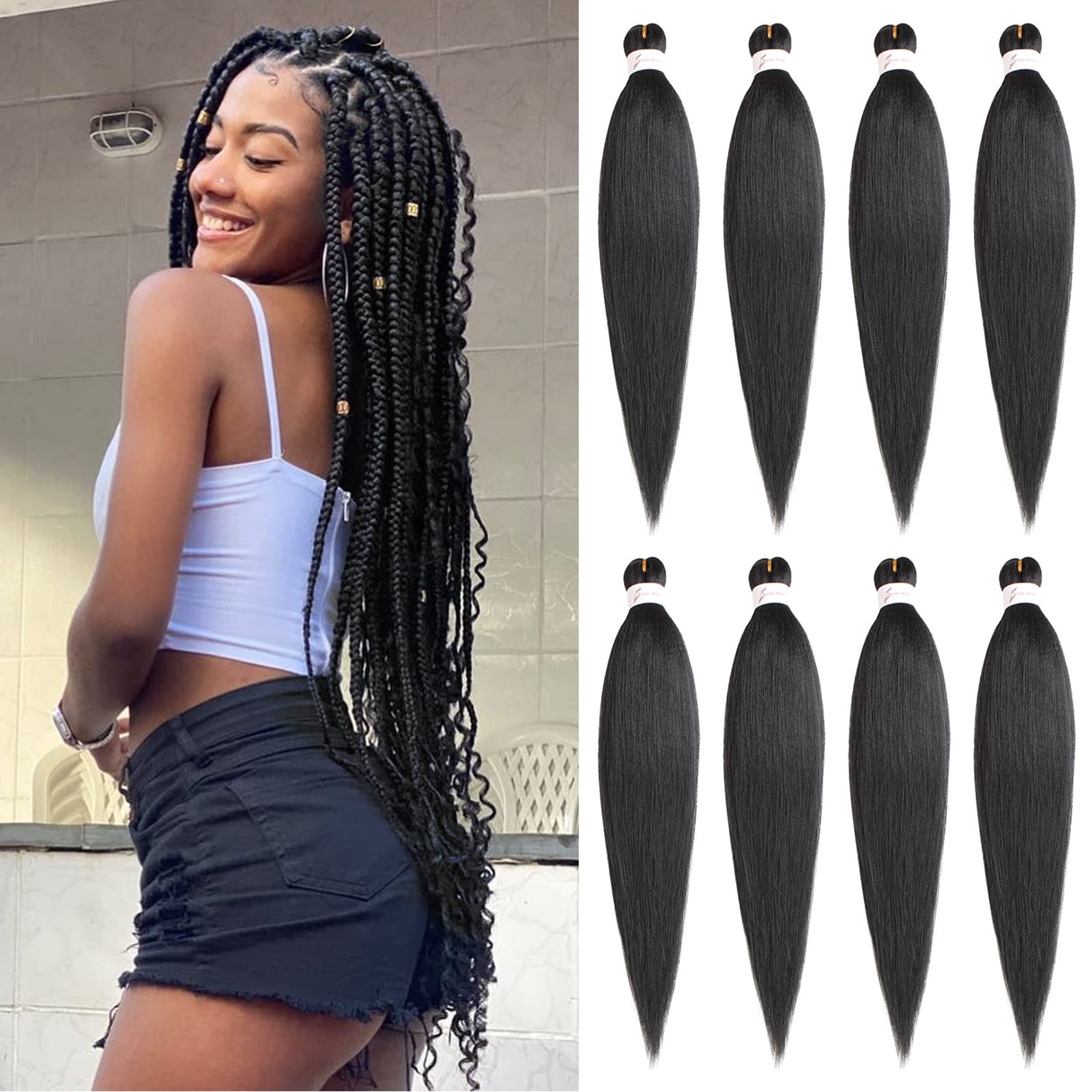 Xtrend 8 Packs 30 Inch Long Pre Stretched Braiding Hair EZ Braiding Hair Extensions for Box Braids Hot Water Setting Soft Yaki Texture Kanekalon Crochet Hair Extensions for Braiding