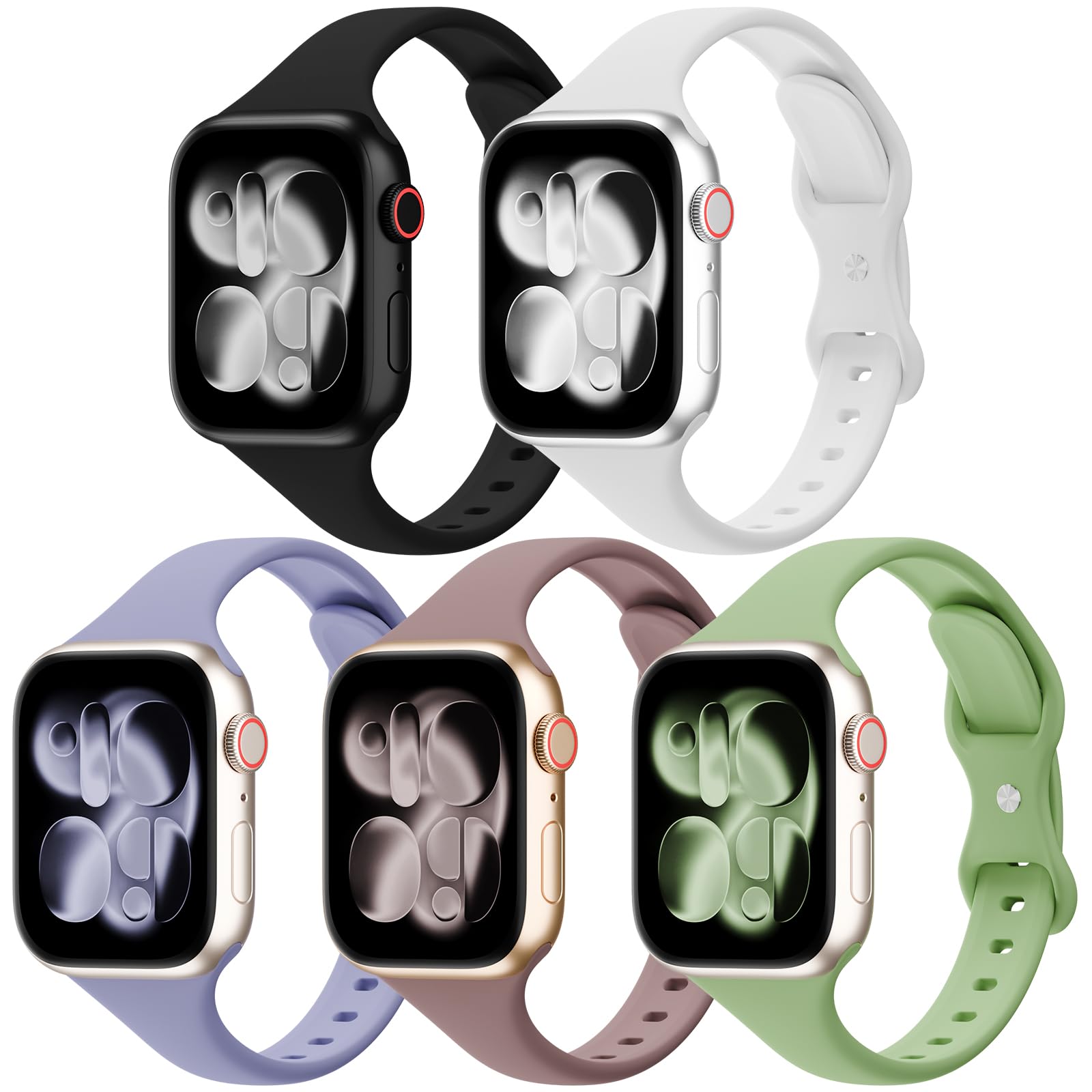 5 Pack Silicone Slim Bands Compatible with Apple Watch Band 38mm 42mm 40mm 44mm 41mm 45mm 46mm 49mm, Soft Narrow Sport Thin Strap for iWatch Ultra 3 2 1 Series 11/10/9/8/7/SE/6/5/4 Women Men
