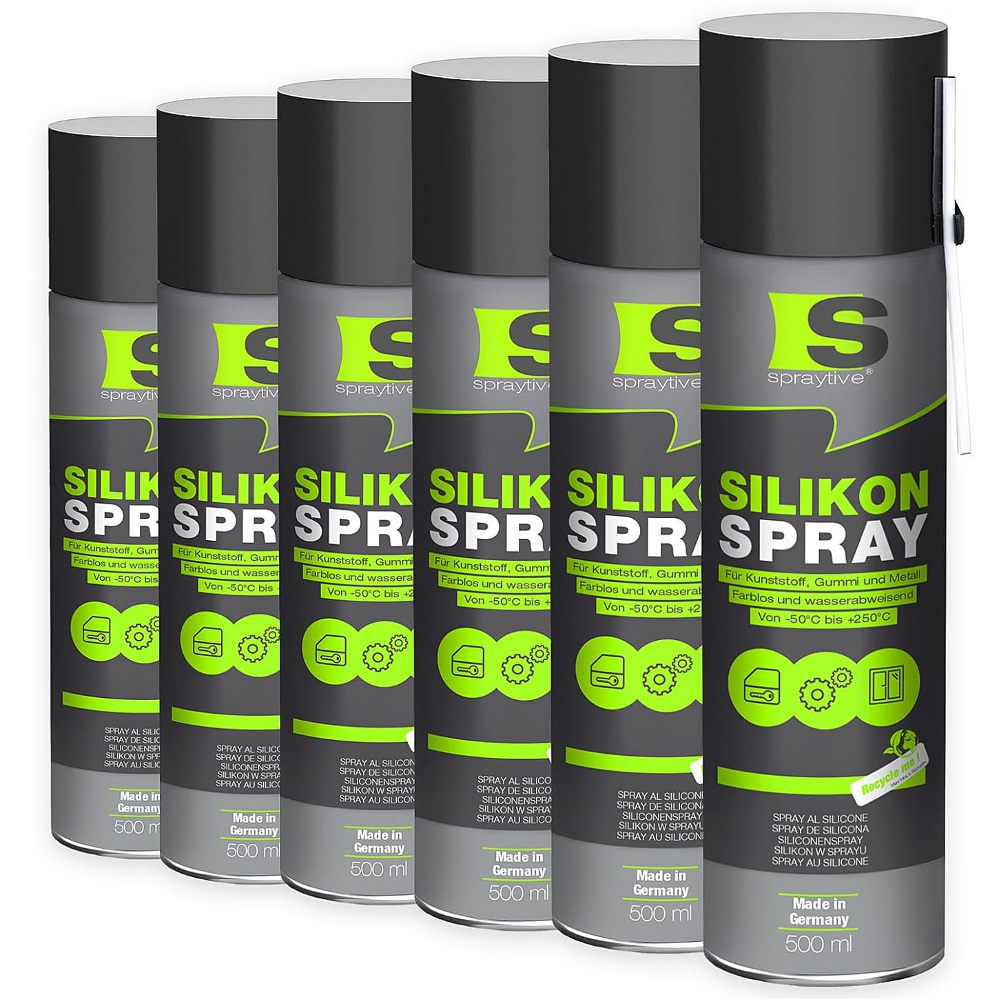 Spraytive 6 x 500ml Silikonspray - Schmiermittel & Gleitspray für Auto, Gummi, Kunststoff & Metall - Farblos, wasserabweisend, rückstandsfrei - von -50 °C bis +250 °C - Made in Germany
