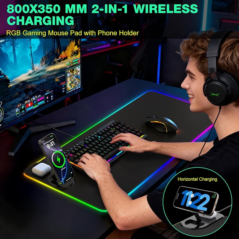 15W RGB Gaming Mauspad mit klappbarer Magnet-Ladestation, 800x350mm