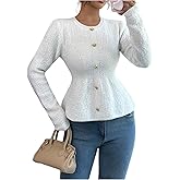 SHENHE Women's Fall Crew Neck Peplum Sweater Gold Button Dressy Knit Jumper Sweater