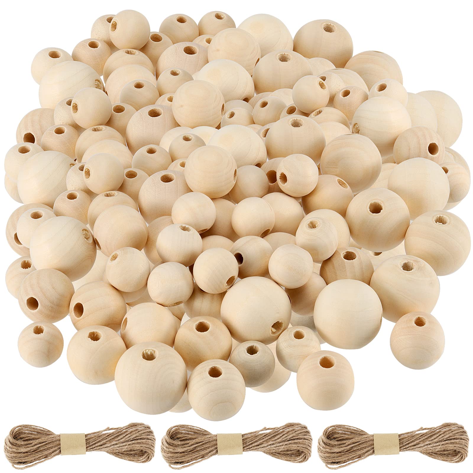 JAPCHET 300 PCS 3 Sizes Wood Beads Set, 20mm 25mm 30mm Natural Wooden Loose Beads with String for Craft