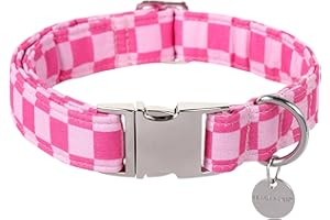 UP URARA PUP Dog Collar for Summer,Cute Pink Plaid Dog Collar,Cotton Puppy Collar with Adjustable Metal Buckle for Small,Medium,Large Girl Boy Dog