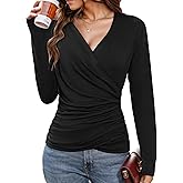 Women's Deep V Neck Cross Wrap Top, Long Sleeve Trendy Fall Ruched Asymmetricl Slim Fit Dressy Blouse