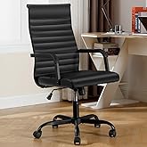 Haranuo Office Chair, Ergonomic Executive Conference Room Chairs, Ribbed Leather Desk Chair with Lumbar Support, Adjustable Height Mid-Back Swivel Chair with Padded Seat and Square Tube Armrests