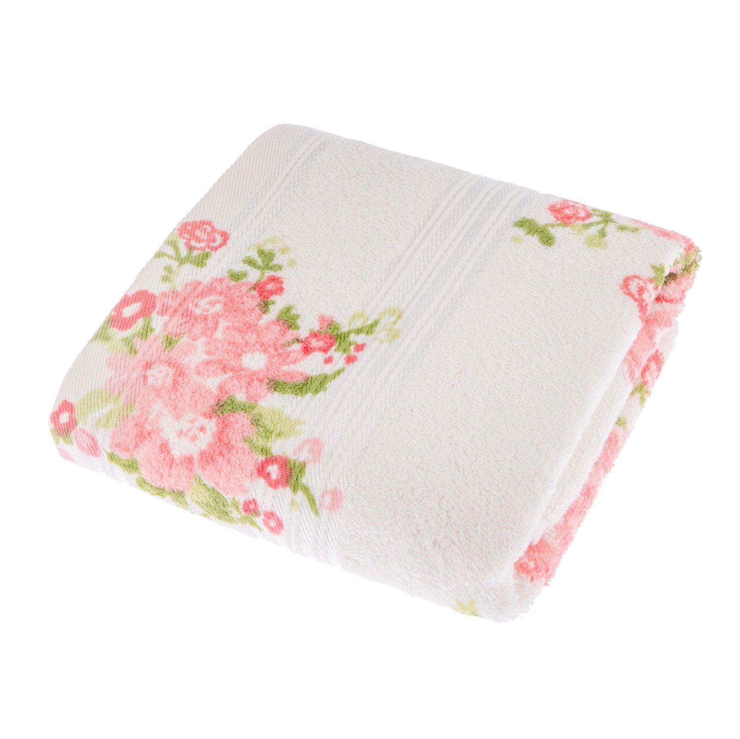 HOMESCAPES 100% Portuguese Cotton Cream Hand Towel Pink, Coral and Green Floral Pattern