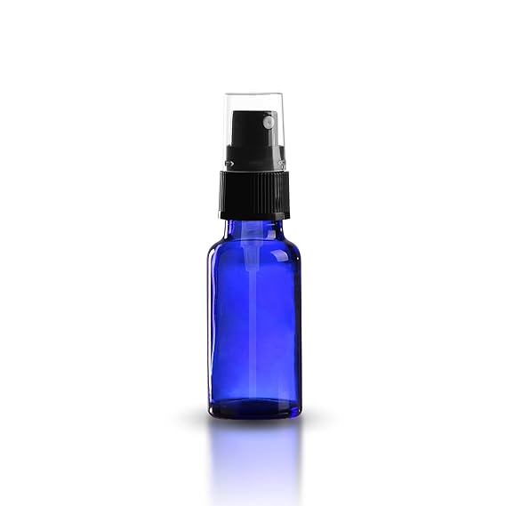 5 x Blauglasflasche 20ml royalblau / Sprühflasche inkl. Pumpzerstäuber / Sprühkopf schwarz DIN 18 mit transparenter Schutzkap