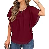 QIXING Summer Casual Loose Round Neck Chiffon Flowy Tops Blouses for Women