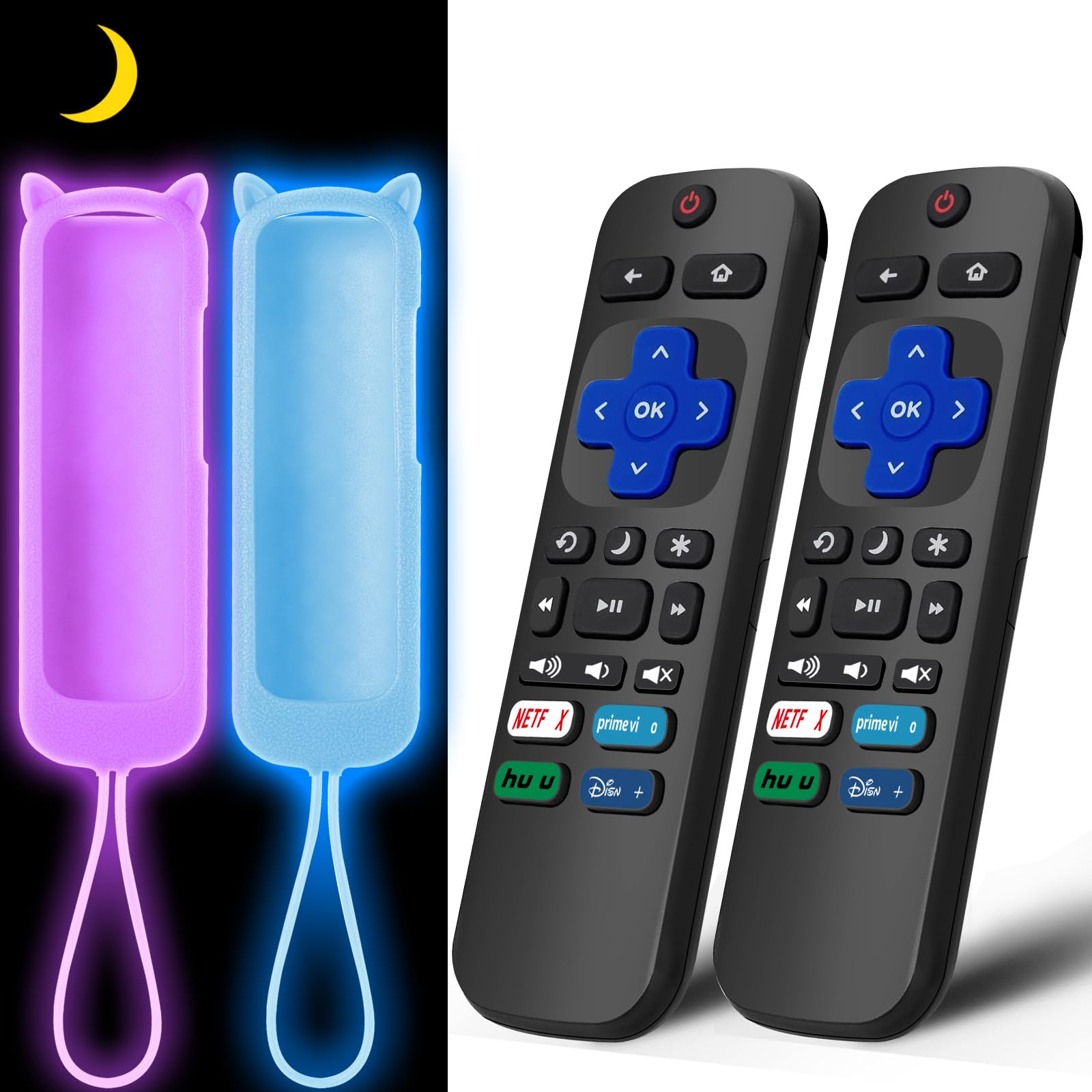 Photo 1 of (2+2 Packs) Replacement Remote for Roku TV with Soft Protective Silicone Cover(Glow in The Dark), Universal Remote for TCL/Hisense/Onn/Sharp/Element/Philips Roku Smart TV
