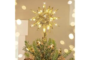 Luxspire Christmas Tree Topper, 3D Star Lighted Tree Topper, Christmas Decorations, Plug in Tree Topper with Timer, Light Up Xmas Vintage Modern Ornaments Decor Lights for Home Party, Champagne Gold