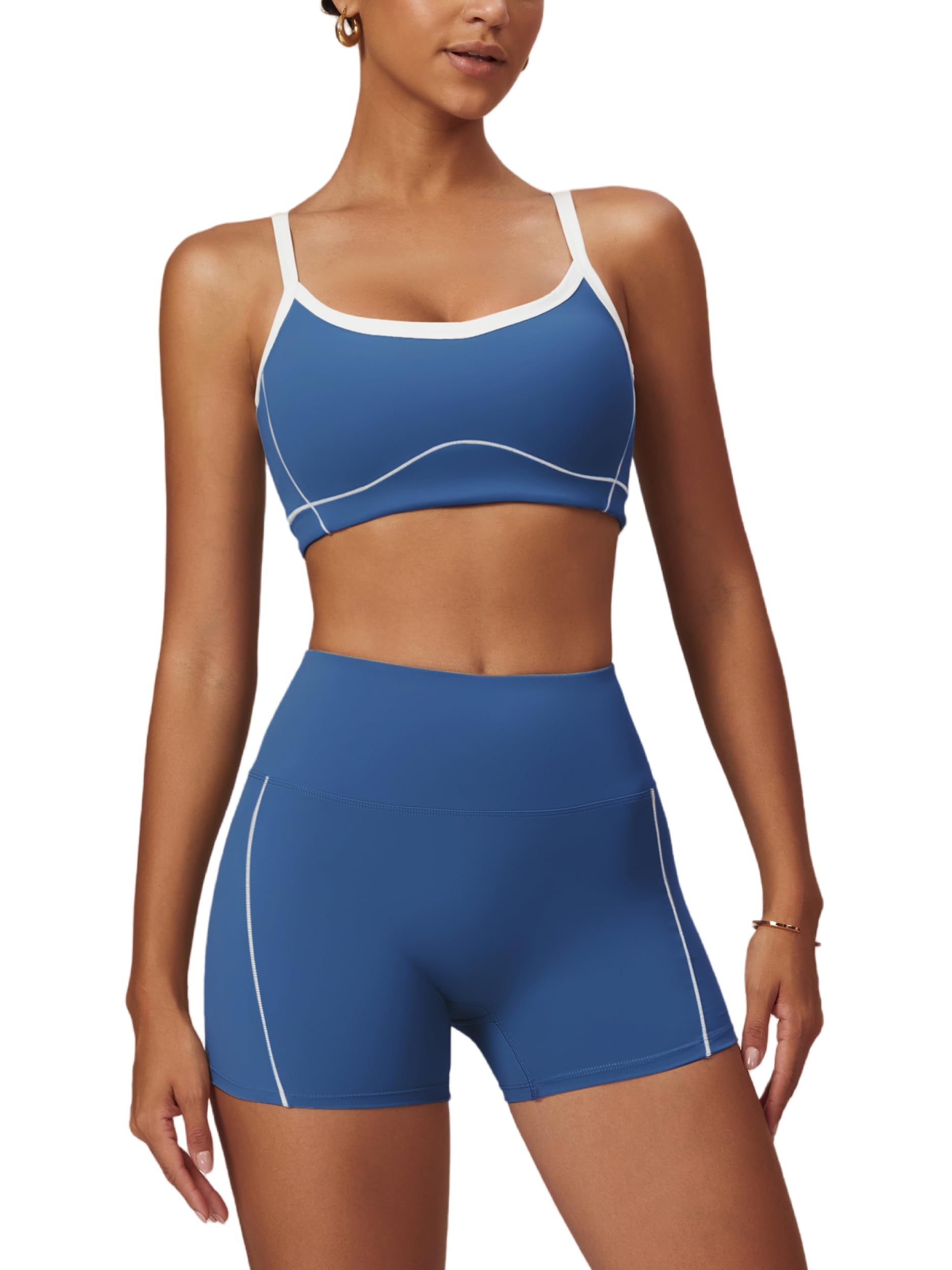 Photo 1 of **only top** OMEWEE Yoga sets for women 2 piece Fashion contrasting lines Sports Bra and Tummy Control Butt-lifting Shorts Dark blue S