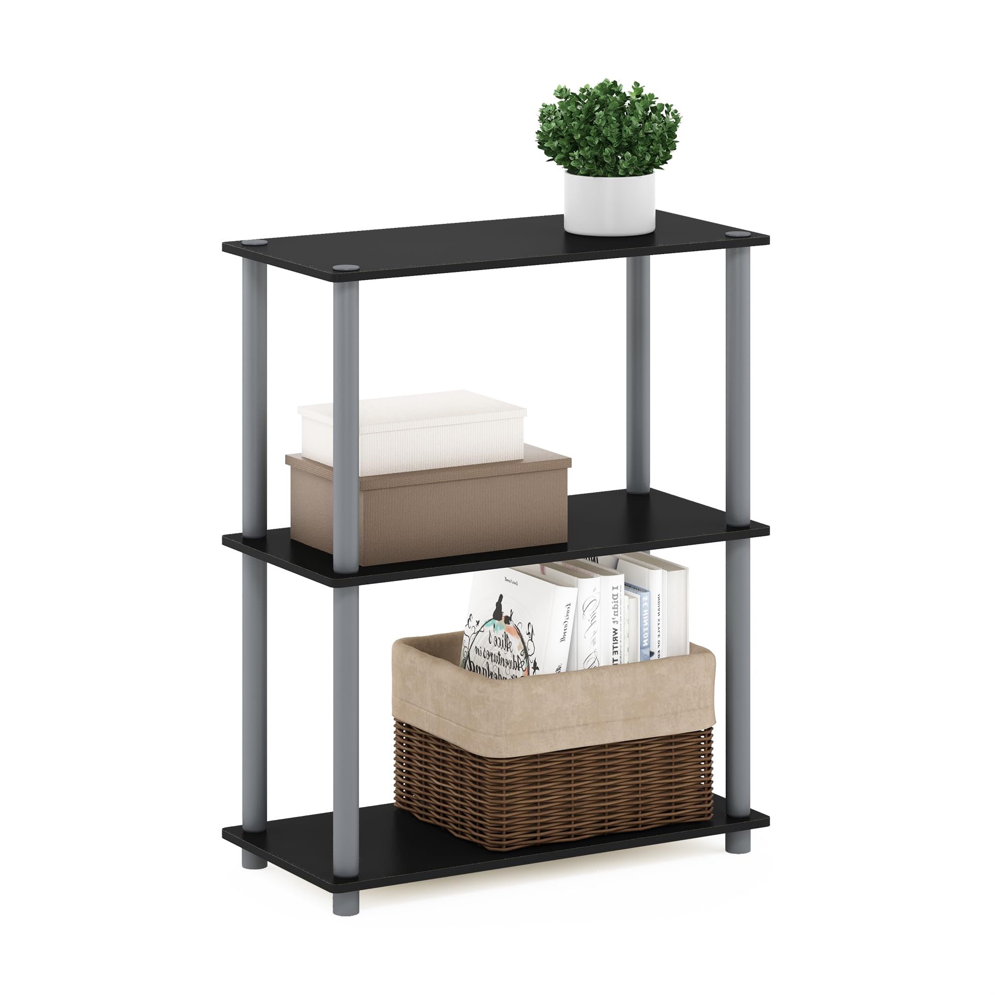Furinno TURN-N-TUBE Storage Shelves, 3-Tier Book Shelf, Corner Shelf, Toolless Open Shelves, for Organization and Storage, Living Room, Garage, Home Office, Black