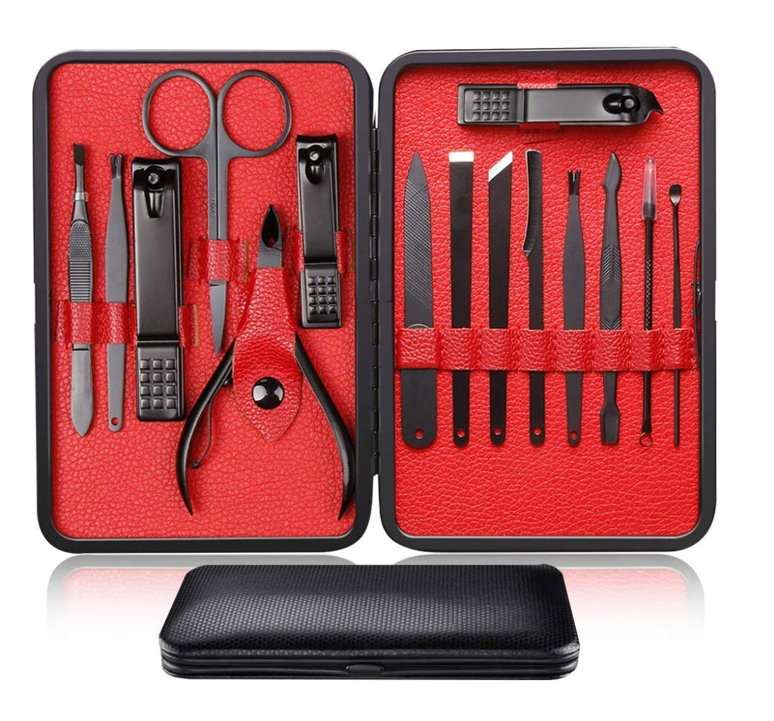 Manicure Kit Nail Clippers Set Stainless Steel Professional Pedicure Black 15 Pieces Grooming Scissors Cutter Ear Pick Tweezers Scissors Eyebrow file for Man&Women gift