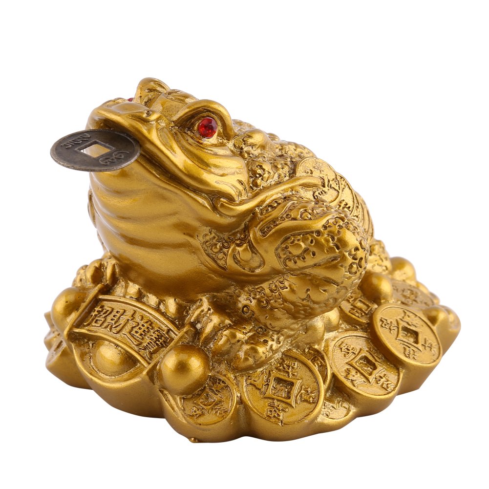 Walfront Lucky Money Frog Toad Golden Chinese Frog Feng Shui Toad Treasure Basin Statue with Coin Attract Wealth and Good Luck (65×60×50mm-Brass)