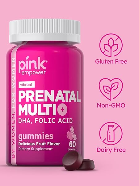 PINK PRENATAL VITAMINS | 60 GUMMIES WITH DHA AND FOLIC ACID | NON-GMO & GLUTEN FREE MULTIVITAMIN | FRUIT FLAVOR