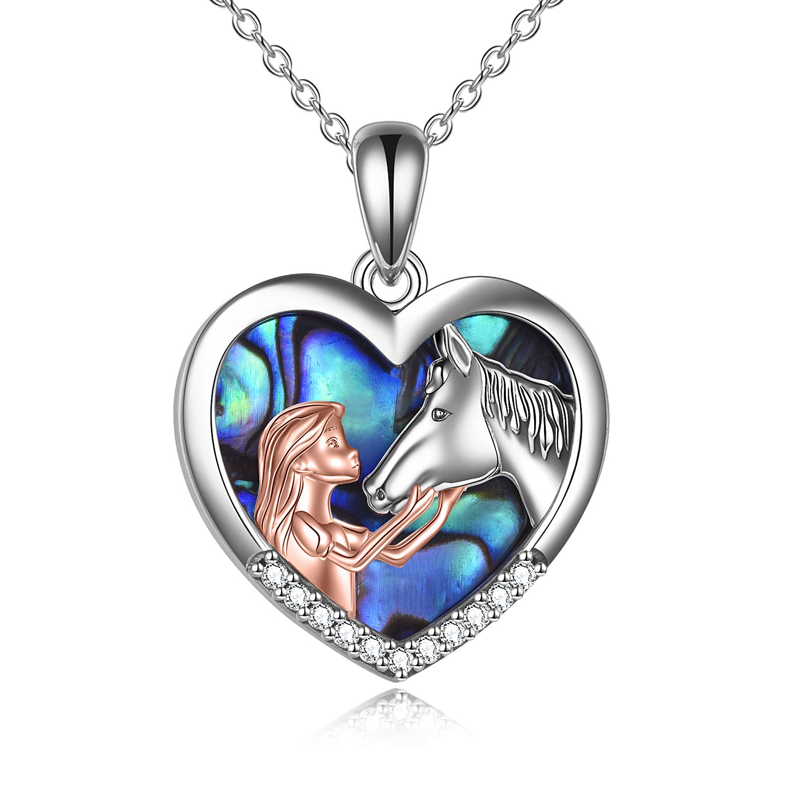 YFN Girl and Horse Necklace for Girls Sterling Silver Horse Jewellery Horse Gifts for Women 18" (Nature Abalone Shell)