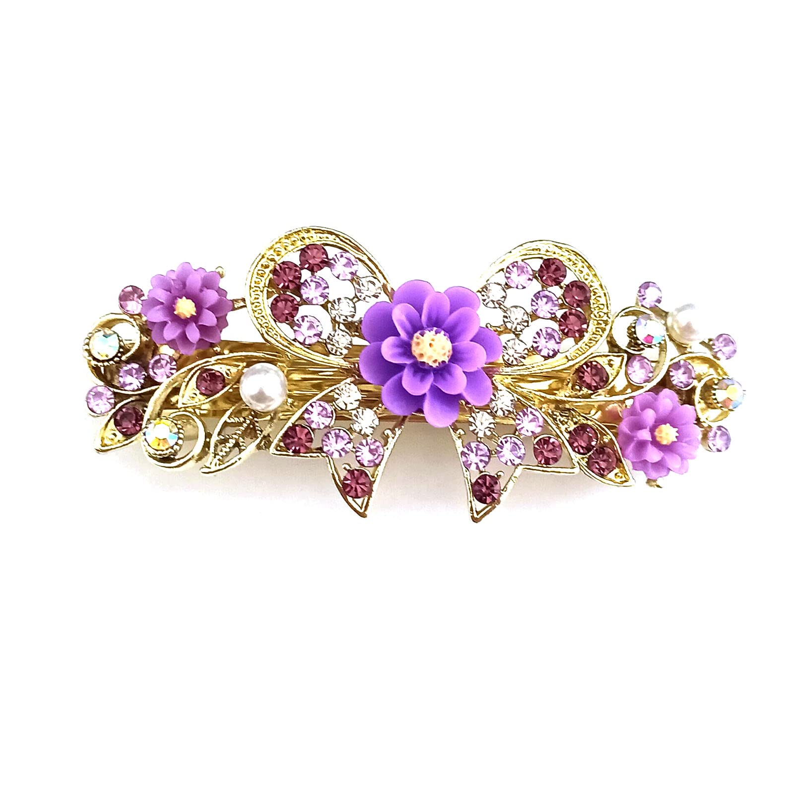 Crystal Flower Hair Barrettes Vintage Butterfly Rhinestone French Spring Clasp Claws Pearl Hair Clips Accessories for Women Girls Teens (Purple)