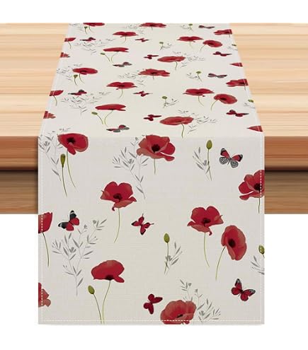 Spring Summer Table Runner - Brown Poppy Leaves Design For Seasonal Home Decor