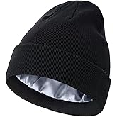 ROYBENS Satin Lined Beanie, 100% Cotton Beanies Hats for Men Women, Slouchy Knit Cuffed Winter Warm Soft Skull Cap Hat