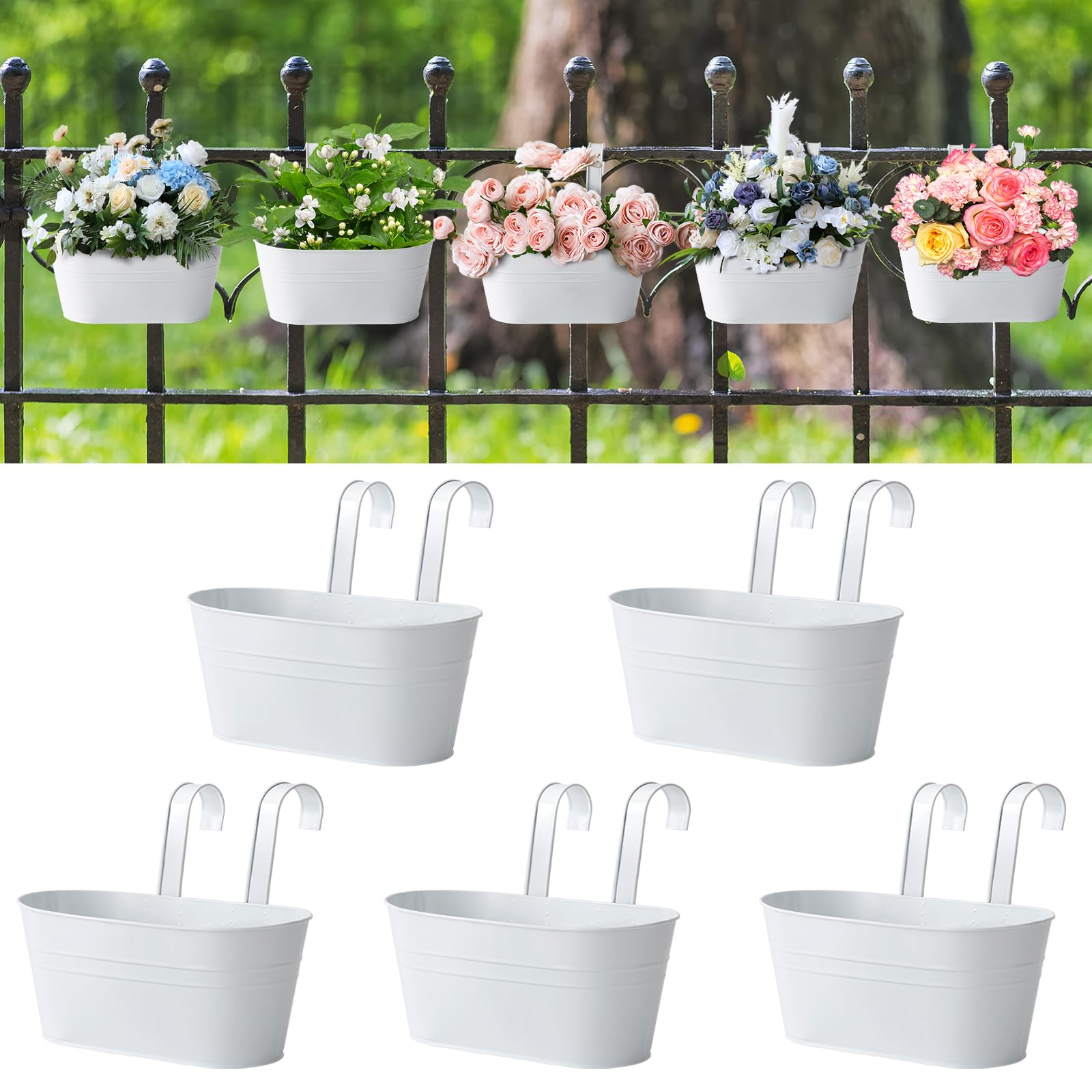 Photo 1 of 5 Pcs Iron Hanging Flower Pots 11 Inch Hanging Planters for Outdoor Plants Metal Hanging Bucket Pots Iron Railing Fence Planter with Drainage Holes and Hooks for Porch Railing Balcony Fence(White)