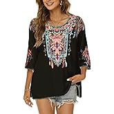 Higustar Mexican Embroidered Tops for Women Traditional Boho Tunics Bohemian Shirts Plus Size Peasant Clothes Blouses