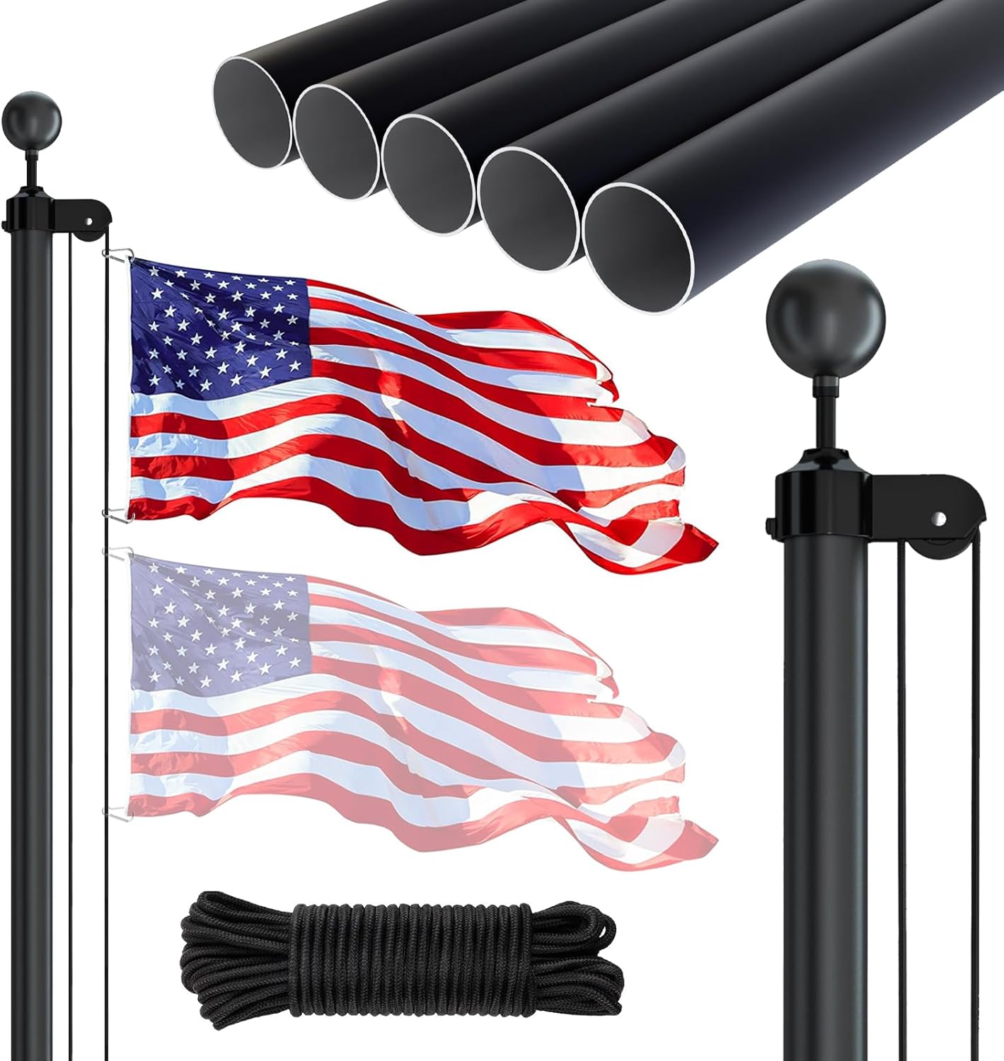 Flagpole Hardware - NELXINJO 20FT Sectional Flag Pole Kit, Heavy Duty Aluminum Outdoor In-Ground Flagpole, Black Ball Top, 3x5 USA Flag for Residential commercial Outdoor Garden(20FT, Black)