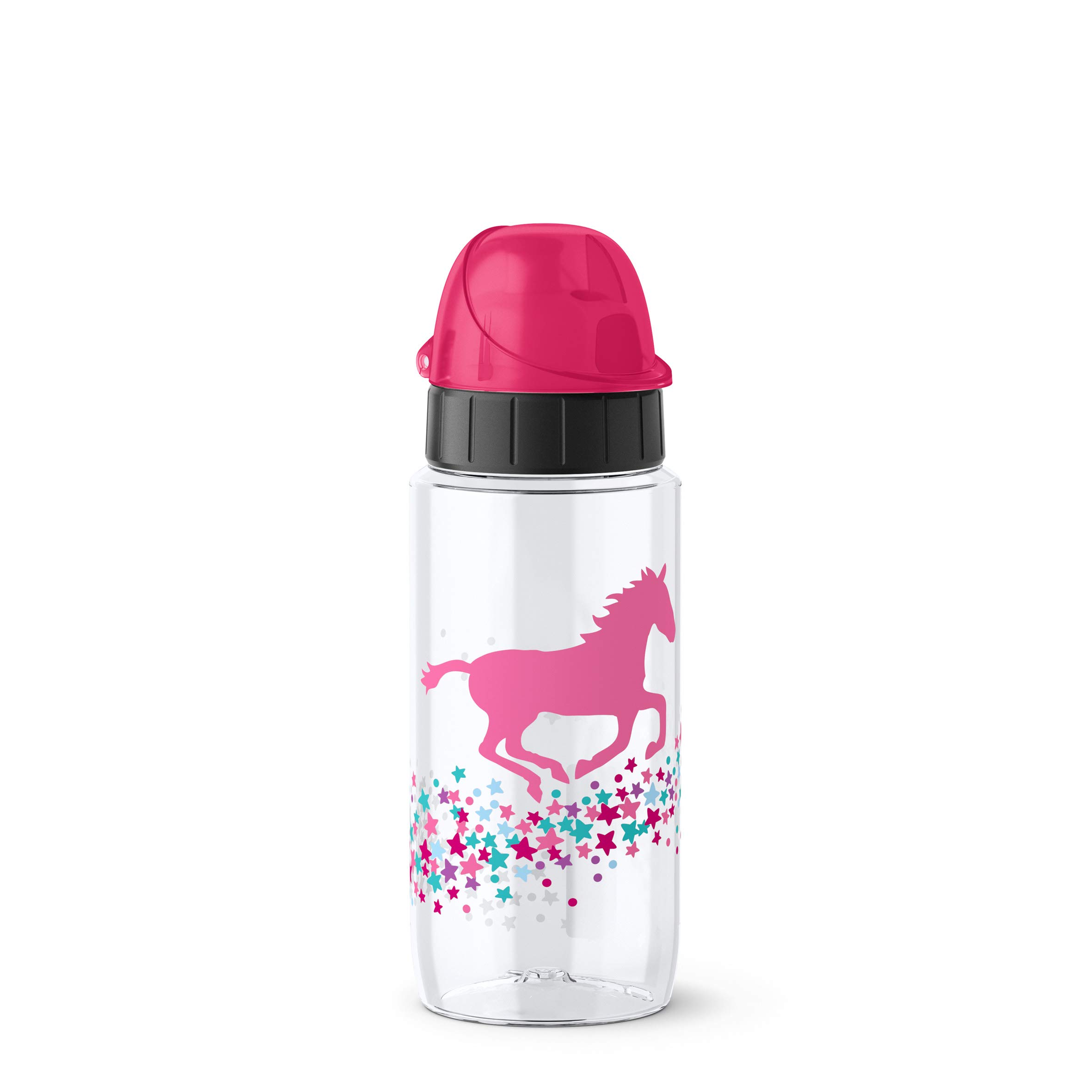 Emsa 518302 Drink2Go Tritan Drinking Bottle, 0.5 Litres, Auto-Close Children's Closure, 100% Leak-Proof, Dishwasher Safe, BPA-Free, Pink Horse