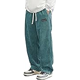 Hidkat Mens Corduroy Casual Pants Fashion Loose Fit Wide Leg Pants Straight Sweatpants Elastic Waist Drawstring