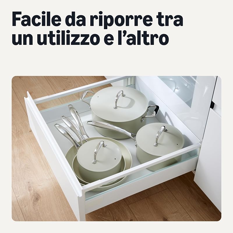 Pentole e Padelle Antiaderenti in Ceramica, Set di 8 Pezzi, Lavabili in Lavastoviglie e Adatte al Forno, Adatte a Tutti i Piani Cottura, Grigio Lino
