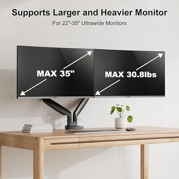 HIPPOFLEX DUAL ULTRAWIDE MONITOR MOUNT FOR 22-35 INCH COMPUTER SCREENS, 2 MONITOR ARM STAND WITH GAS SPRING SYSTEM EACH HOLDS UP TO 30.8LBS, FULL MOTION HEIGHT ADJUSTABLE, VESA 75X75/100X100MM