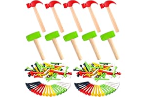 AIHSUMC 10 Pcs Kids Wooden Hammer Toy with 100 Pcs Colorful Wood Golf Tees, Small Plastic Hammer Simulation Hammers Educational Toys for Children Gift Birthday Party (Red and Green)