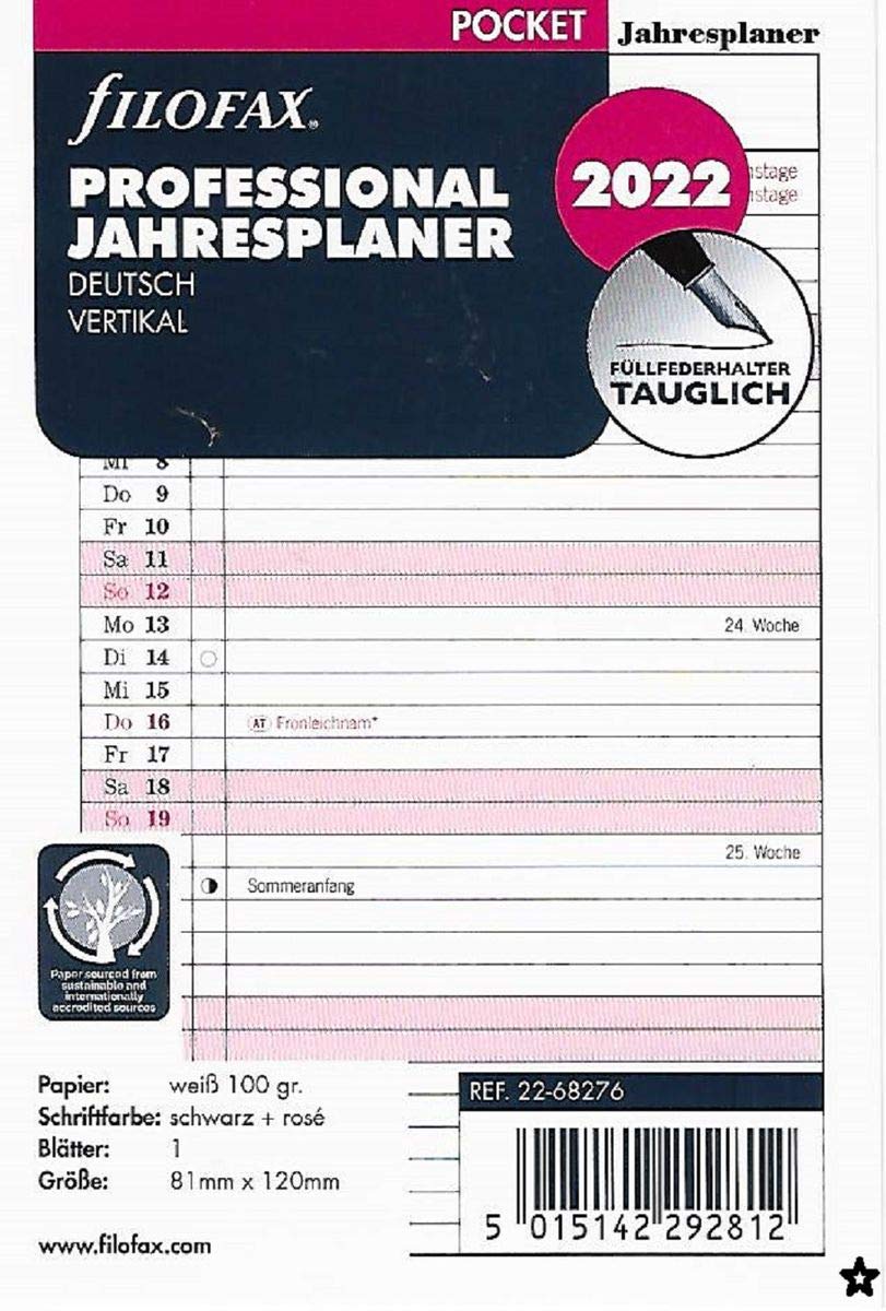 Filofax 22-68276 Professional Pocket Year Planner German Vertical 2022, White/Pink