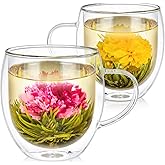 Teabloom Oversized Insulated Borosilicate Glass Mugs (17 oz / 500 ml) – Set Includes 2 Mugs + 2 Blooming Teas – Premium Quality Microwave Safe Glasses