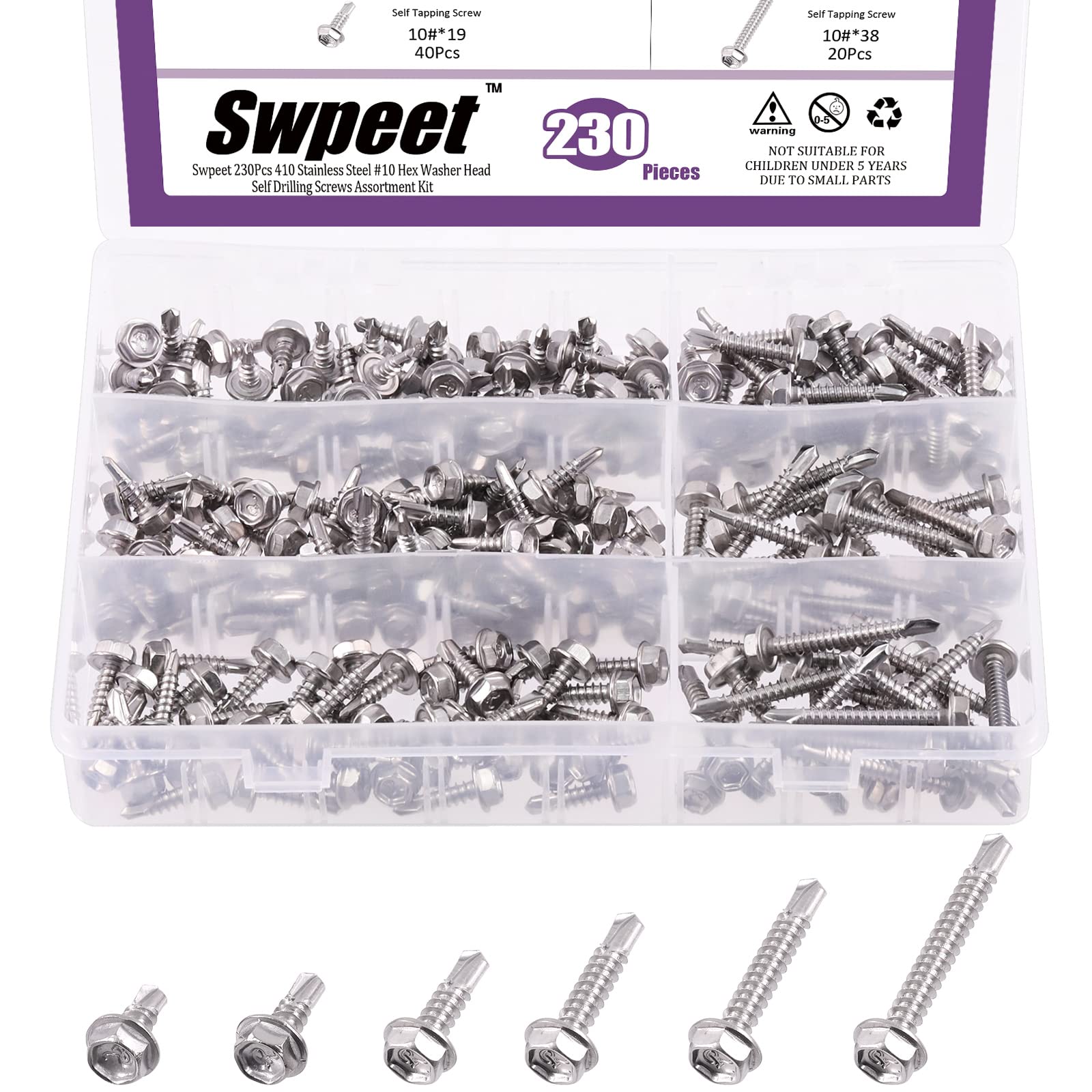 Swpeet 410 Stainless Steel Self Drilling Screw Assortment Kit, Hex Washer Head Self Drilling Sheet Metal Screws Head Self Tapping Screws Anti-Rust Metal Screws Set for Metal Assortment (Sliver, #10)