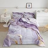 jejeloiu Purple Gold Comforter Set Marble Queen Size Bedding Set for Women Girls Retro Duvet Quilt Soft Microfiber