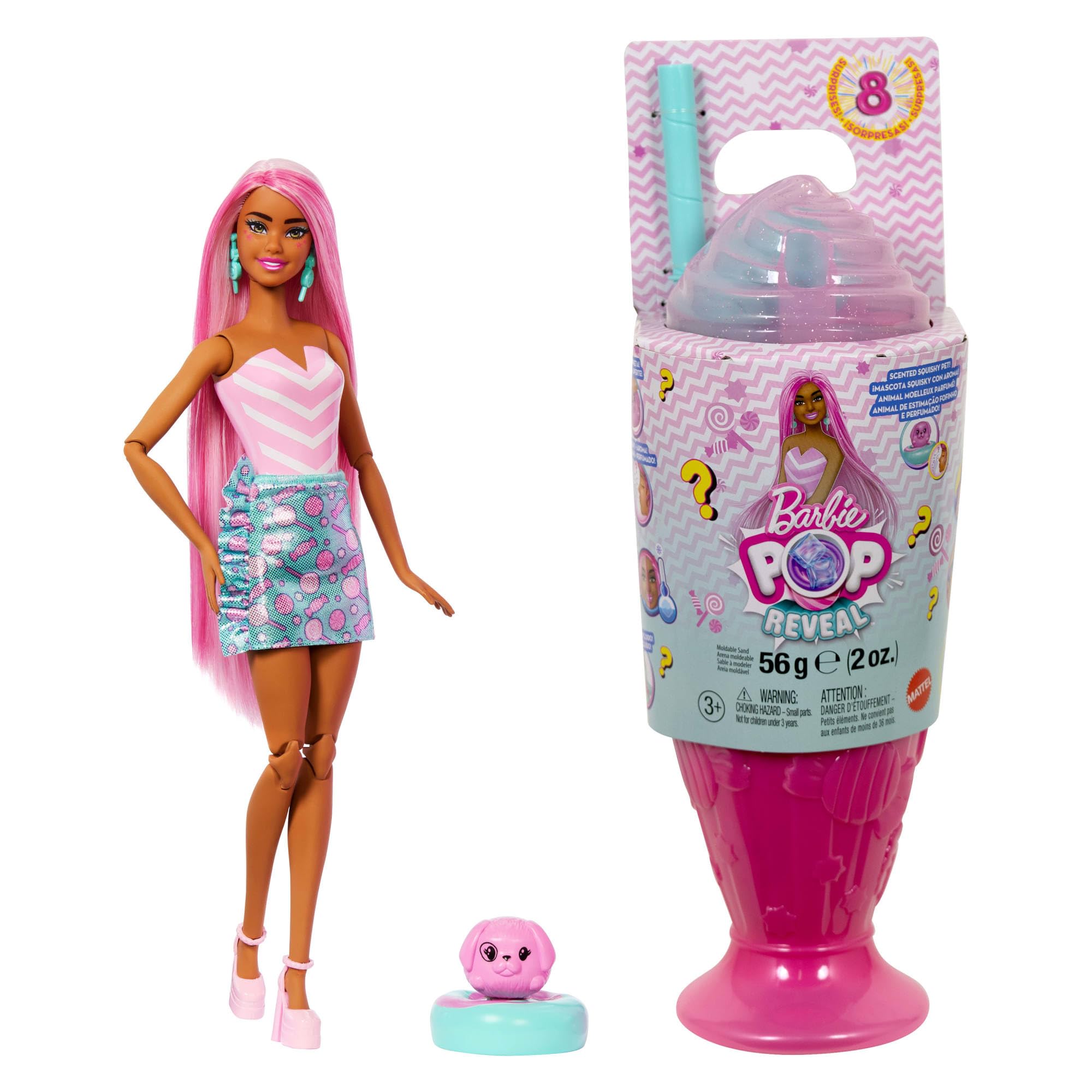 Barbie Pop Reveal Series Fashion Doll & Accessories Set, Treat Series, Sweet Swirl Theme with Pet, 8 Surprises Include Color Change, JFY62