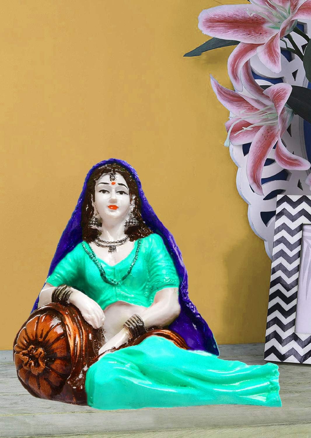 Karigaari India Handcrafted Polyesine Tradistional Rajasthani Lady in Resting Position Showpiece for Home Decor.