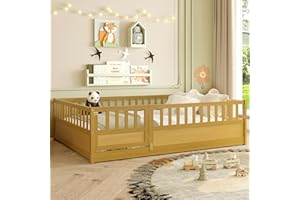 Bellemave Full Floor Bed with Slats, Full Size Floor Beds with High Fence and Door, Montessori Floor Bed Frame, No Box Spring Needed, Easy Assemble Montessori Bed, Natural