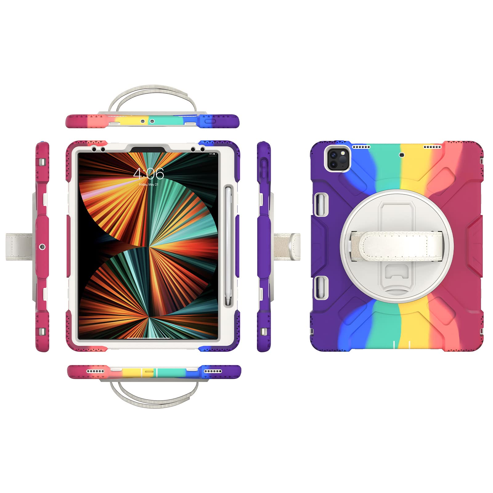 iPad Pro11 2018/2020/2021 Generation Case with Screen Protector Pencil Holder Kickstand Hand Strap 360 Rotating Hand Strap Stand Durable Protective Case (Dark Colour)