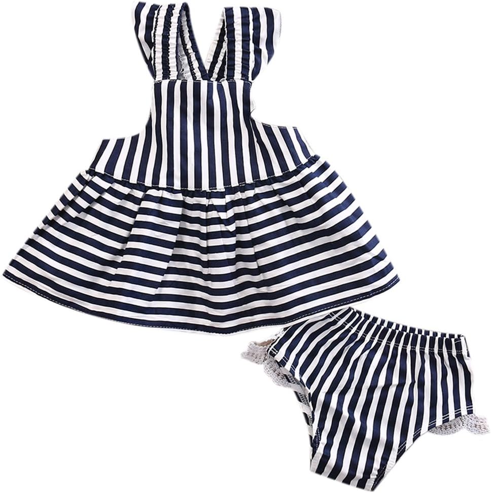 Baby Girls Striped Ruffle Sleeve Dress and Pants Nappy Cover Shorts Outfit (80(6-12M))