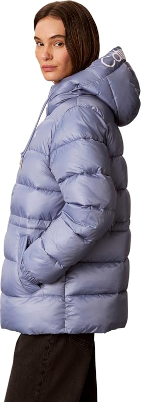Donna Giaccone Imbottito Mid Logo Puffer con Cappuccio, Rosa (Stonewash), M