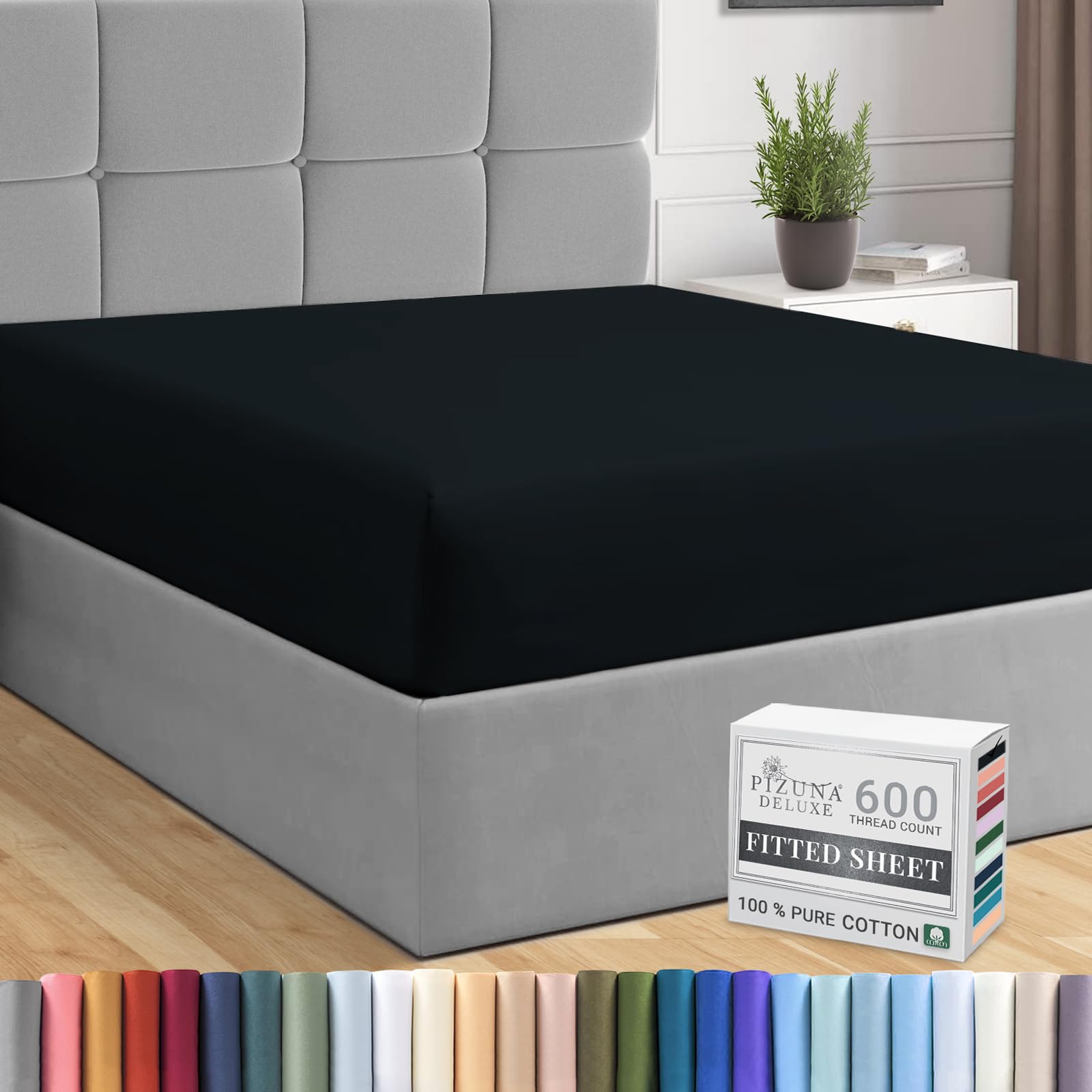 Pizuna Pure Combed Cotton European Single Fitted Sheet Black, 600 Thread Count 100% Long Staple Cotton Fitted Sheet Single Bed 100 X 200cm, Sateen Weave 40 cm Deep Fitted Sheets 1 PC Black