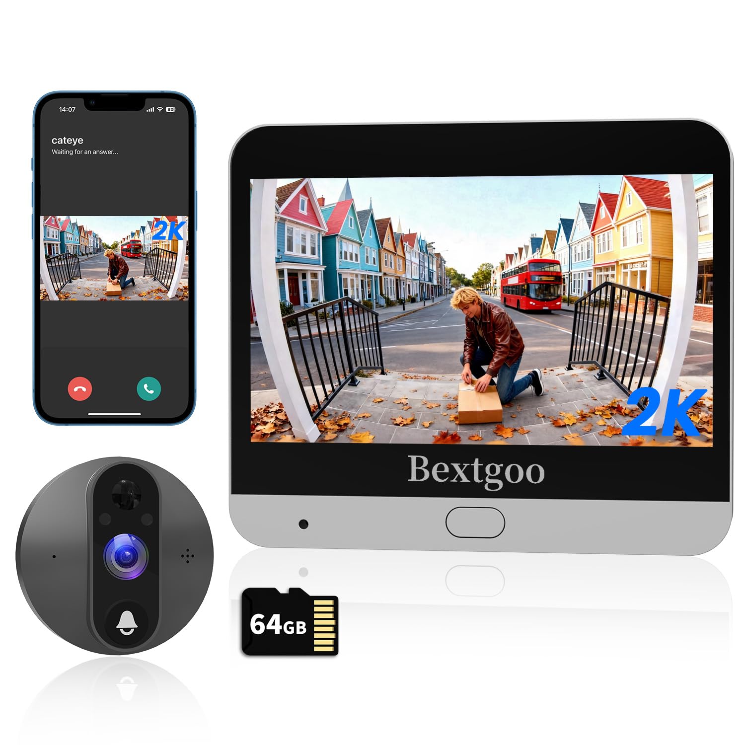 Photo 1 of Bextgoo 2K Video Peephole Doorbell Camera with 64GB Memory Card, Door Peephole Video Doorbell with 4.3" Color Monitor, 8000mAh Battery, 170° Wide View, Smart Detection Alerts, Night Vision