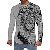 Men's Long Sleeve Basic Top Fashion Lion Pattern Round Neck T Shirt Round Neck Red
