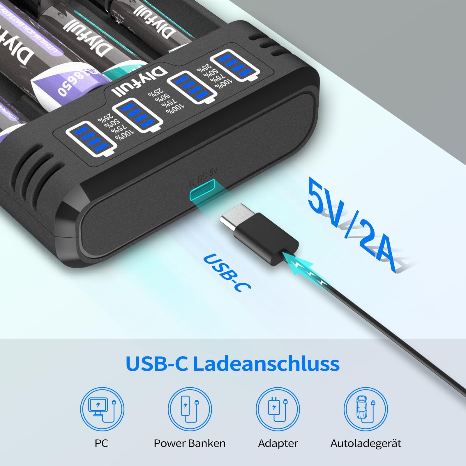 Dlyfull 18650 Ladegerät, 4 Fach Universal Akku Ladegerät mit LED Anzeige, Schnell USB-C Batterieladegerät für 18650 21700 17500 16340 26650 AA AAA C 3,7V Li-Ion Akkus 1,2V NI-MH/NI-CD Batterie 3