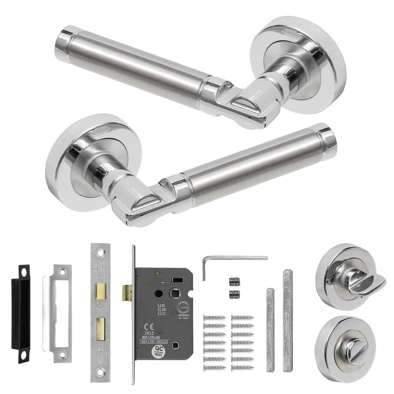 Decoranddecor Enigma Duo Colour Round Door Handles – Aluminium Silver Handles with Bathroom Lock and Turn Release – Modern Design for Interior Doors