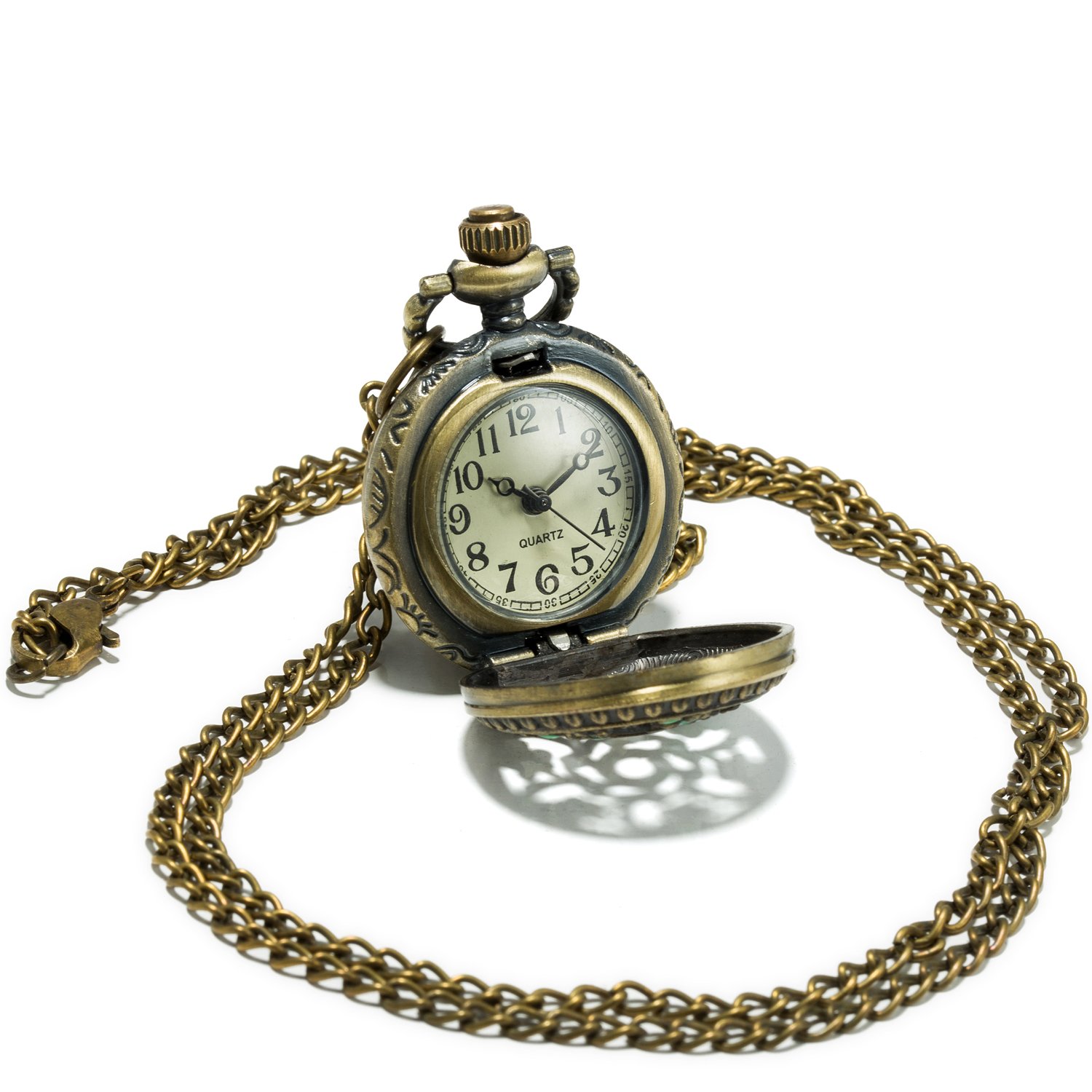 SEWOR Delicate Pandent Quartz Pocket Watch Green Flower Bronze Case