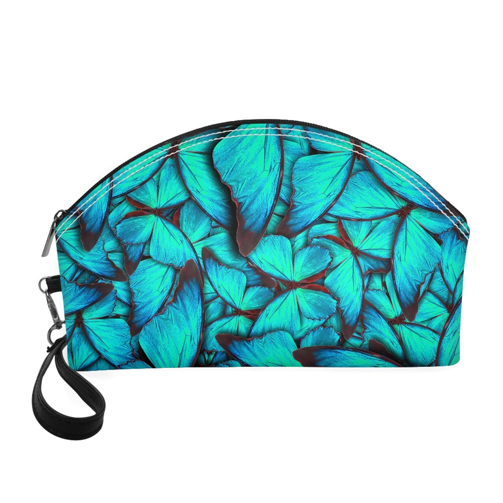 STUOARTE Makeup Bag for Women, Blue Butterfly Pattern Small Cosmetic Bag, Pu Leather Toiletry Bag Makeup Organizer for Girls Gifts